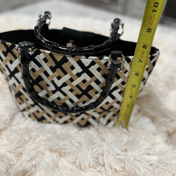 Talbots Black, Tan and White Handbag with Black Bamboo Style Handles - Picture 2 of 9